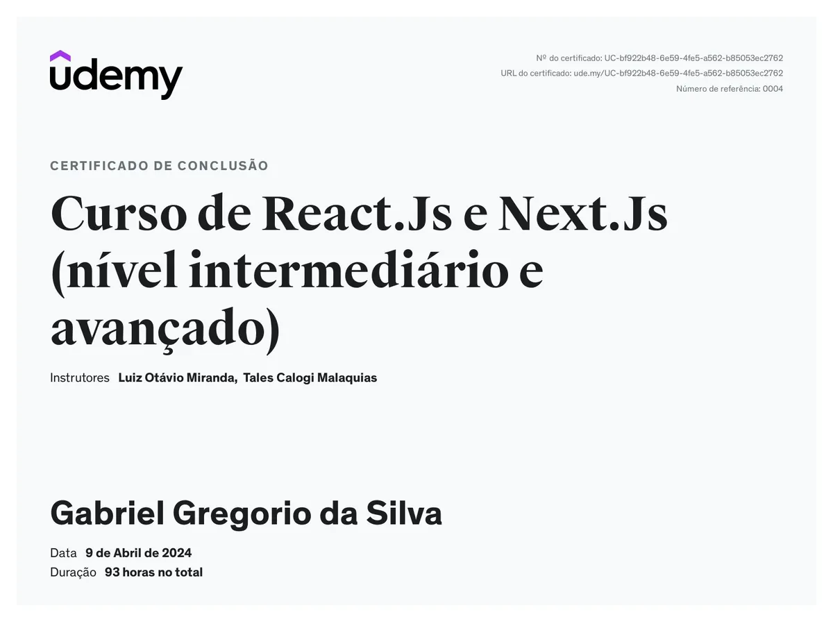 Curso de React.Js e Next.Js (Nível intermediário e Avançado)